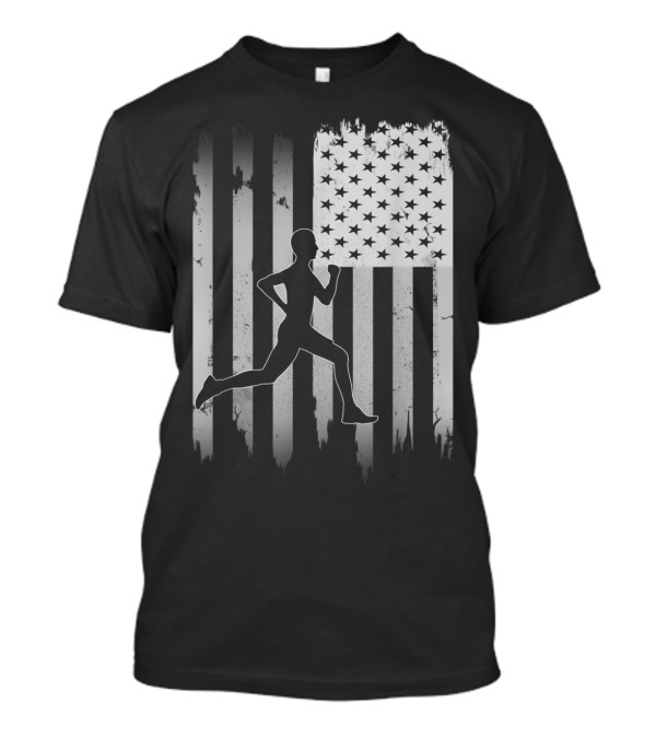 USA Flag Runner Silhouette Distressed Black T-Shirt