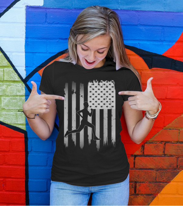 USA Flag Runner Silhouette Distressed Black T-Shirt