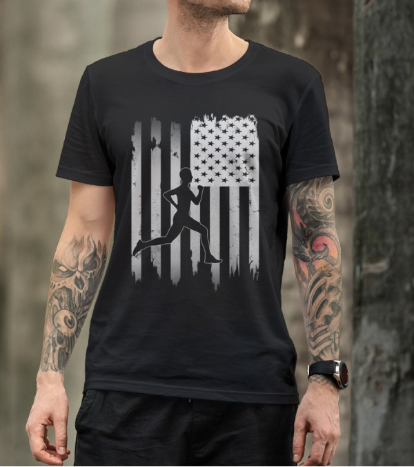USA Flag Runner Silhouette Distressed Black T-Shirt