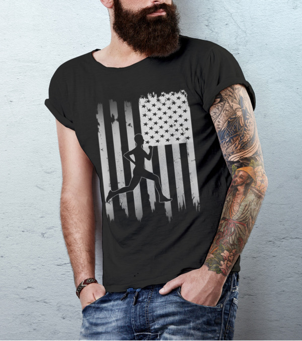 USA Flag Runner Silhouette Distressed Black T-Shirt