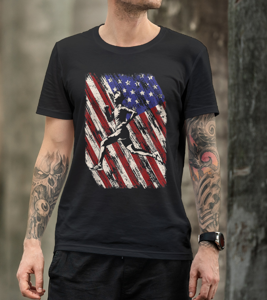 Patriotic Running Silhouette With American Flag Background T-Shirt