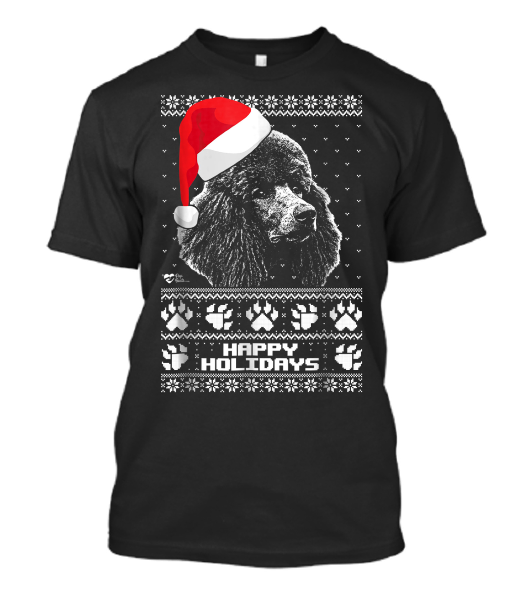 Santa Hat Poodle Happy Holidays Christmas Sweater Paw Prints T-Shirt