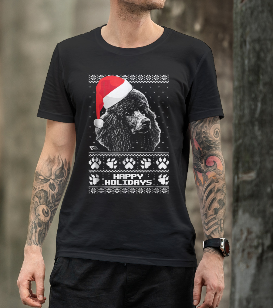 Santa Hat Poodle Happy Holidays Christmas Sweater Paw Prints T-Shirt