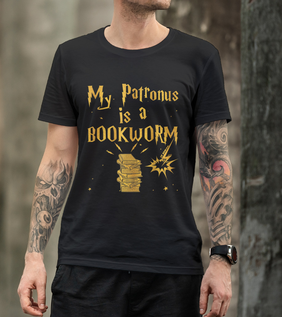 My Patronus Is A Bookworm Lightning Bolt Stack Of Books Stars T-Shirt