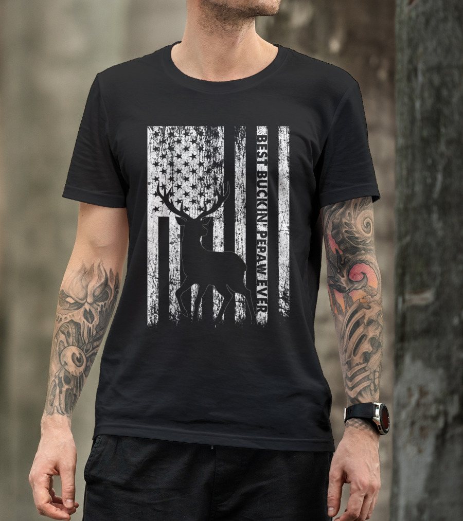 Best Bucking Pepaw Ever Deer Silhouette With Distressed American Flag Background T-Shirt