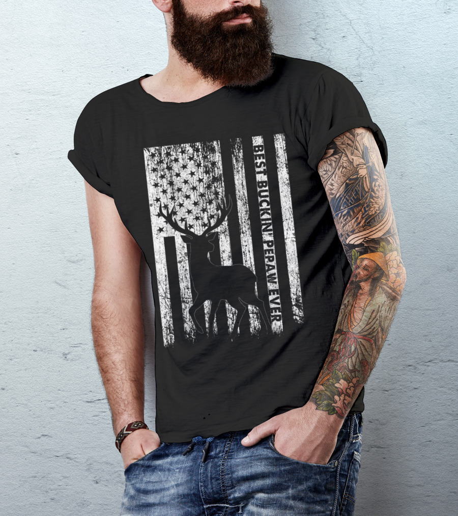 Best Bucking Pepaw Ever Deer Silhouette With Distressed American Flag Background T-Shirt