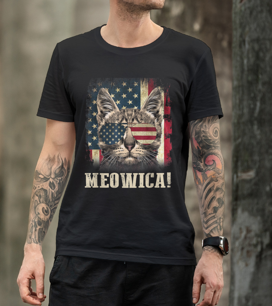 Vintage Meowica Cat With American Flag Sunglasses 4th Of July T-Shirt