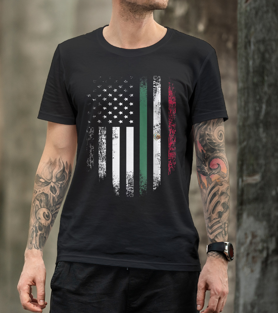Vintage Mexican Roots American Grown Flag Half USA Half Mexico Colors T-Shirt