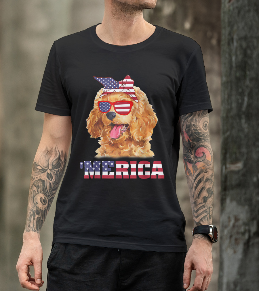 Merica Poodle With American Flag Bandana And Sunglasses T-Shirt