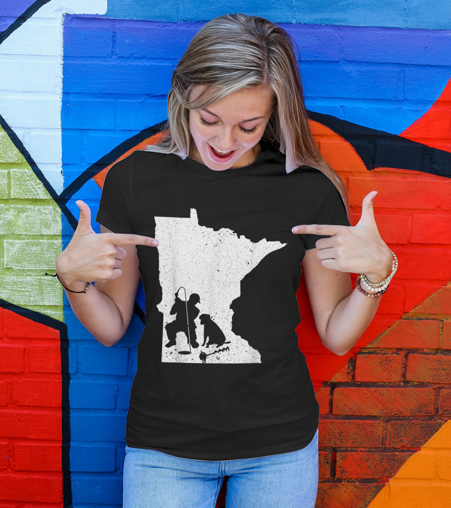 Minnesota State Silhouette Ice Fishing Scene With Fisherman And Dog T-Shirt