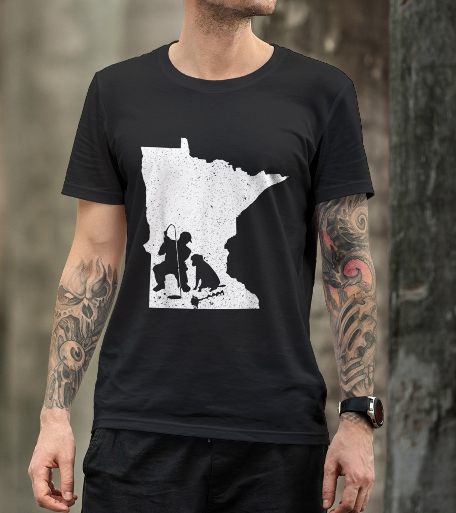Minnesota State Silhouette Ice Fishing Scene With Fisherman And Dog T-Shirt