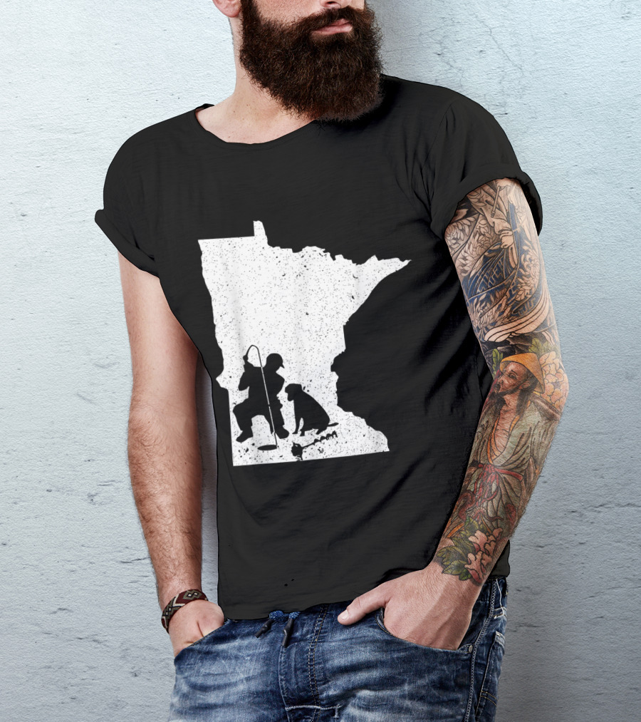 Minnesota State Silhouette Ice Fishing Scene With Fisherman And Dog T-Shirt