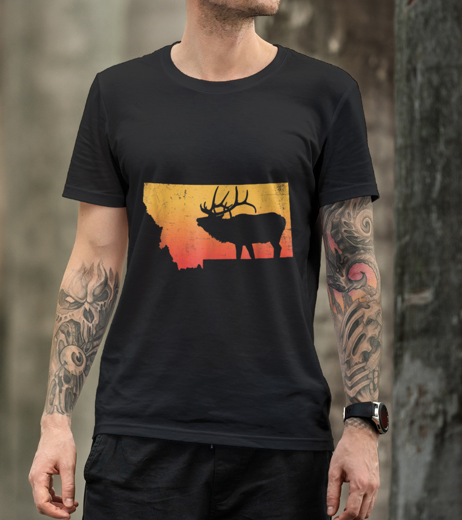 Vintage Montana Elk Silhouette Sunset Outdoor Adventure Scene T-Shirt
