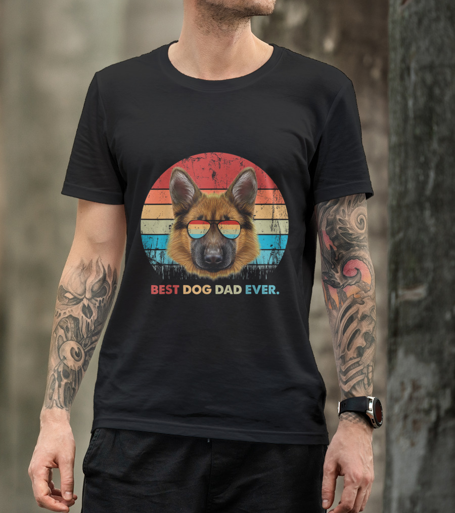 Best Dog Dad Ever German Shepherd Vintage Sunglasses Retro Stripes T-Shirt