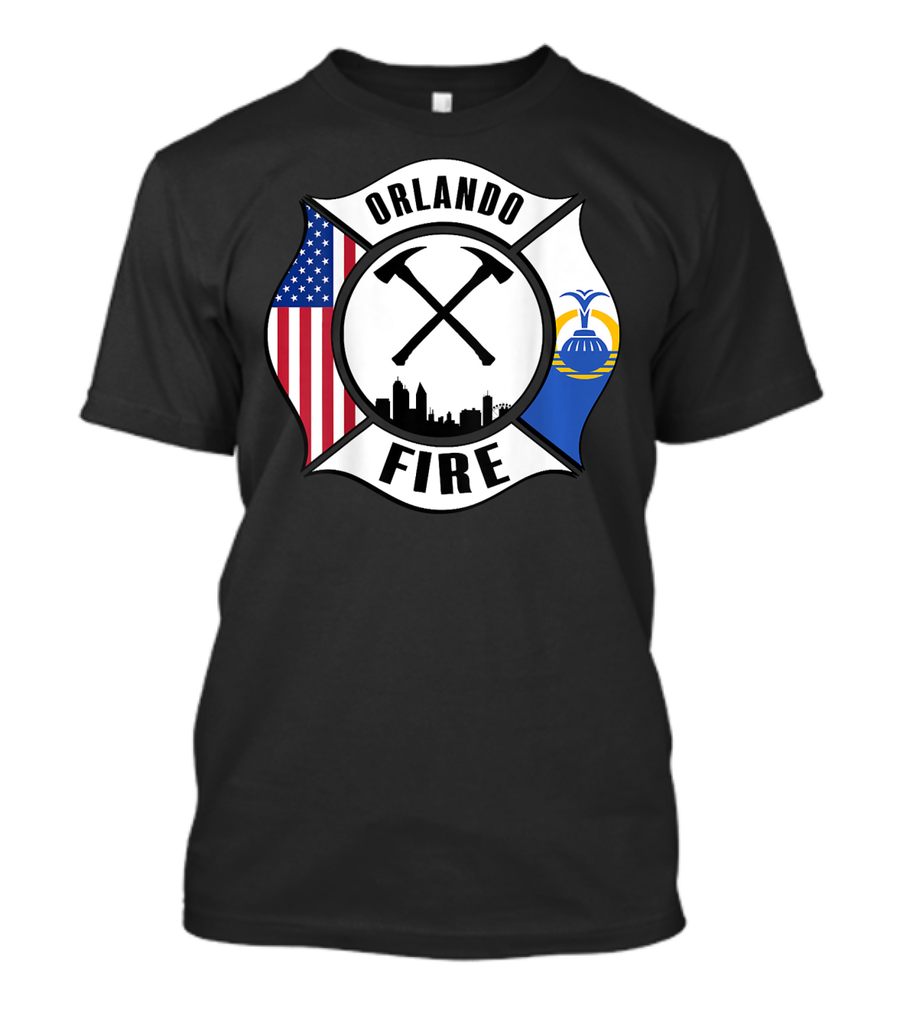 Orlando Florida Fire Rescue Department American Flag City Skyline T-Shirt