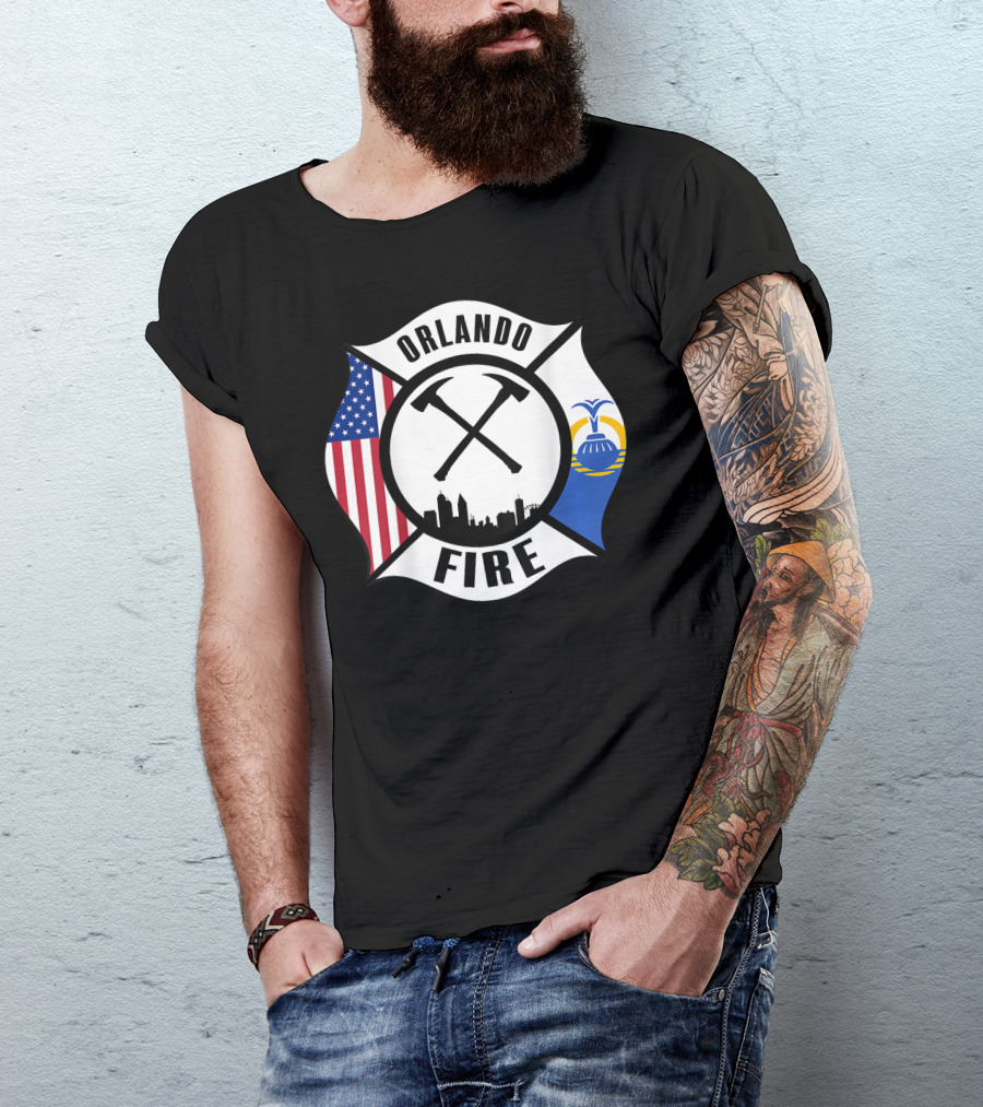 Orlando Florida Fire Rescue Department American Flag City Skyline T-Shirt
