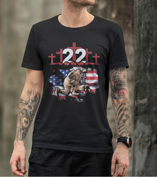 22 Each Day Soldier Veteran PTSD Awareness American Flag Crosses Roses T-Shirt