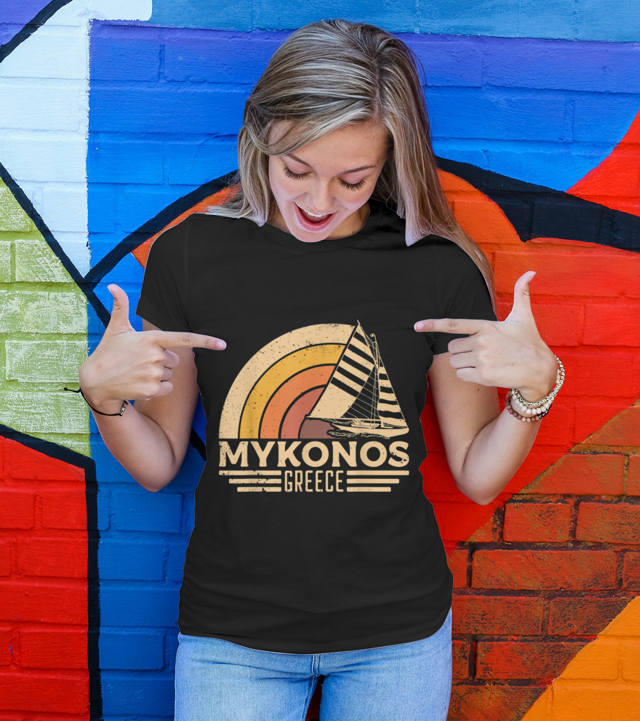 Vintage Mykonos Greece Sailing Retro Sunset Boat T-Shirt