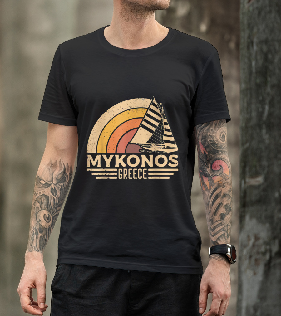 Vintage Mykonos Greece Sailing Retro Sunset Boat T-Shirt