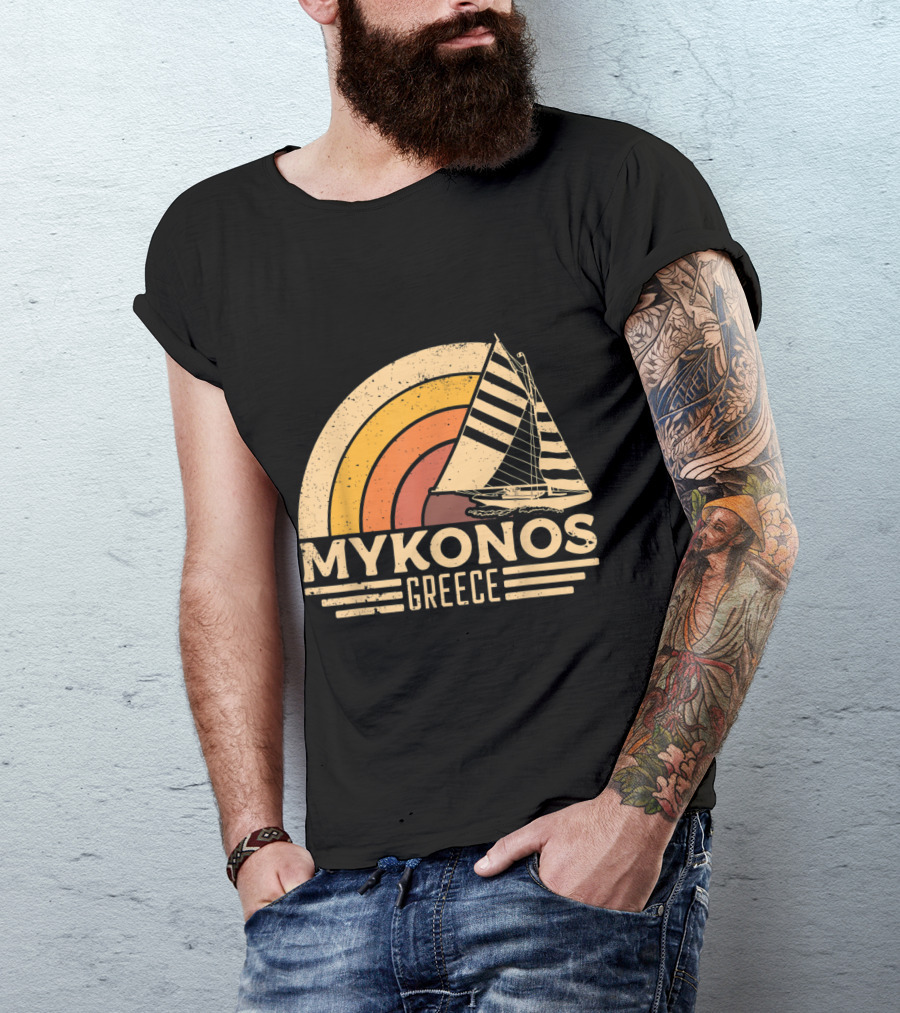 Vintage Mykonos Greece Sailing Retro Sunset Boat T-Shirt
