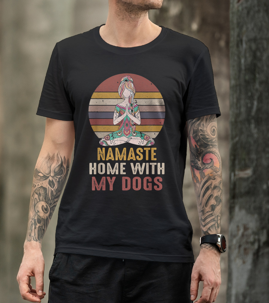 Vintage Namaste Home With My Dogs Yoga Meditation Retro Stripes T-Shirt
