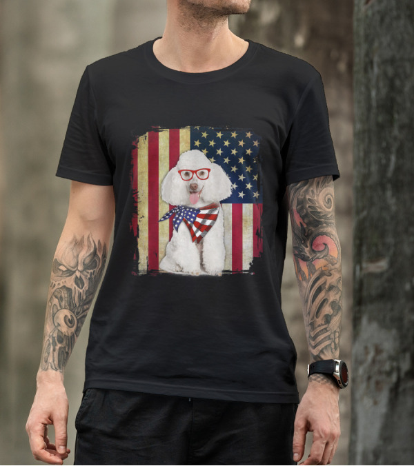 Poodle With American Flag Glasses And Scarf Patriotic 4th Of July T-Shirt
