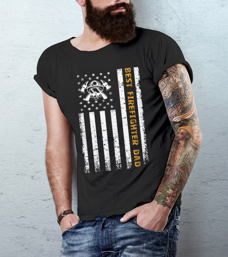 Best Firefighter Dad American Flag Fire Helmet T-Shirt