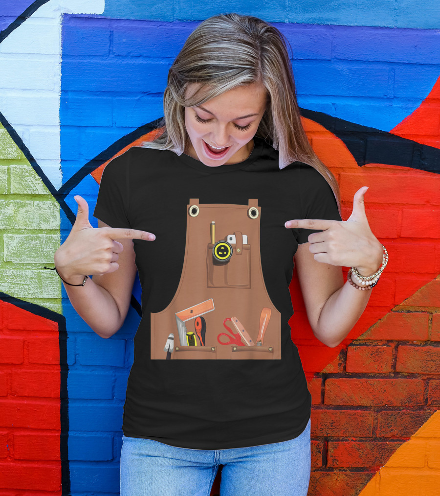 Work Apron With Tool Pockets Woodworking Square Tape Measure Scissors Hand Tools Icons T-Shirt