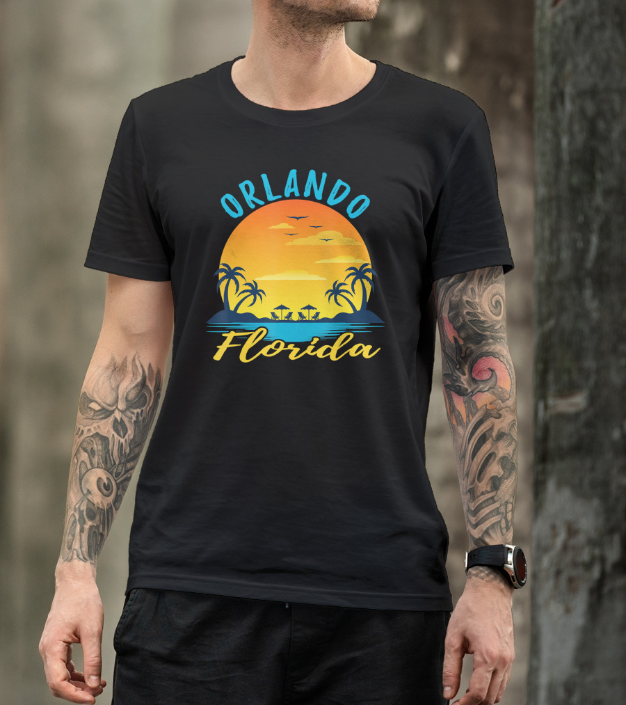 Orlando Florida Sunset Beach Palm Trees With Umbrellas And Birds T-Shirt