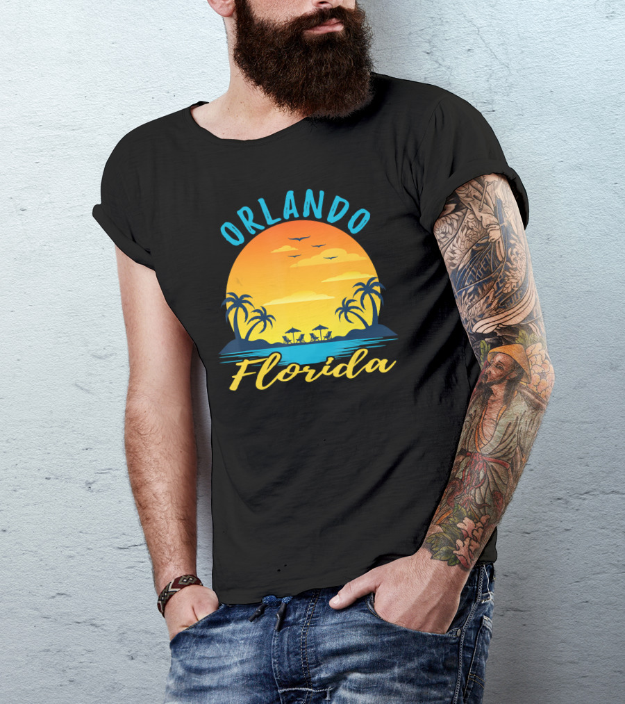 Orlando Florida Sunset Beach Palm Trees With Umbrellas And Birds T-Shirt