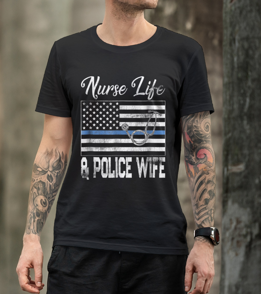 Nurse Life And Police Wife Vintage Flag Stethoscope T-Shirt