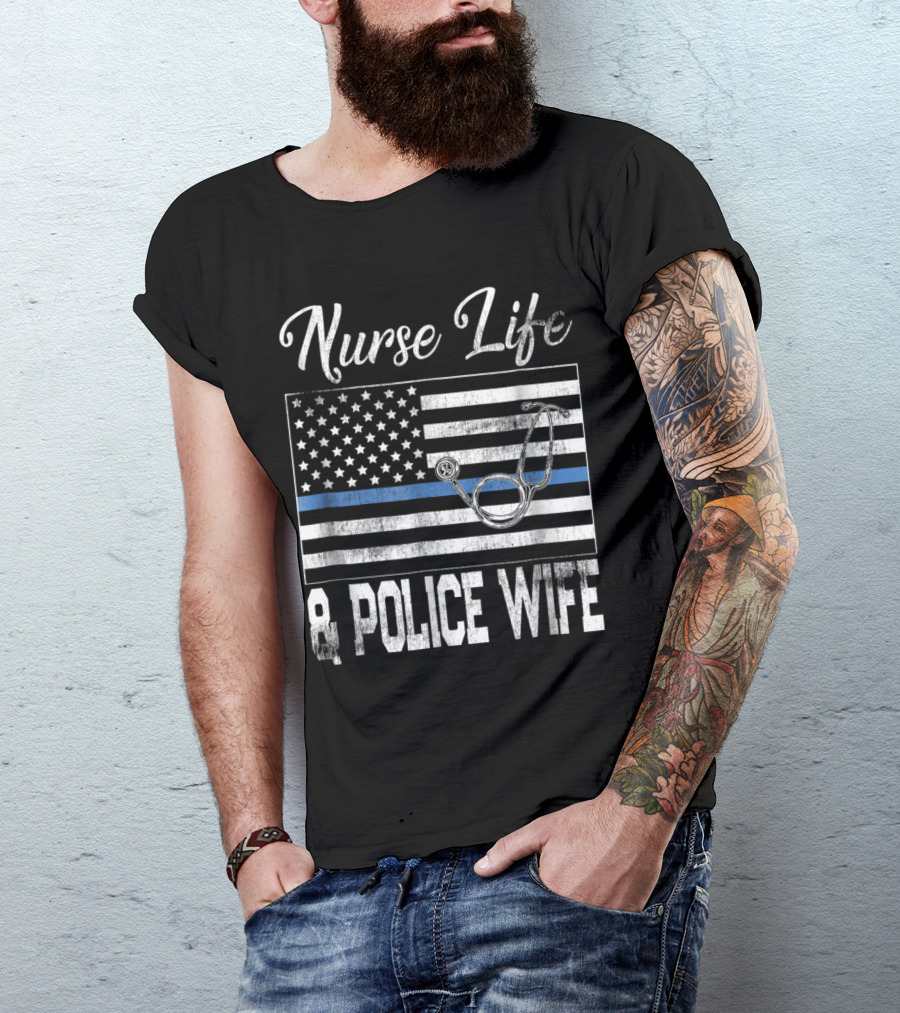 Nurse Life And Police Wife Vintage Flag Stethoscope T-Shirt
