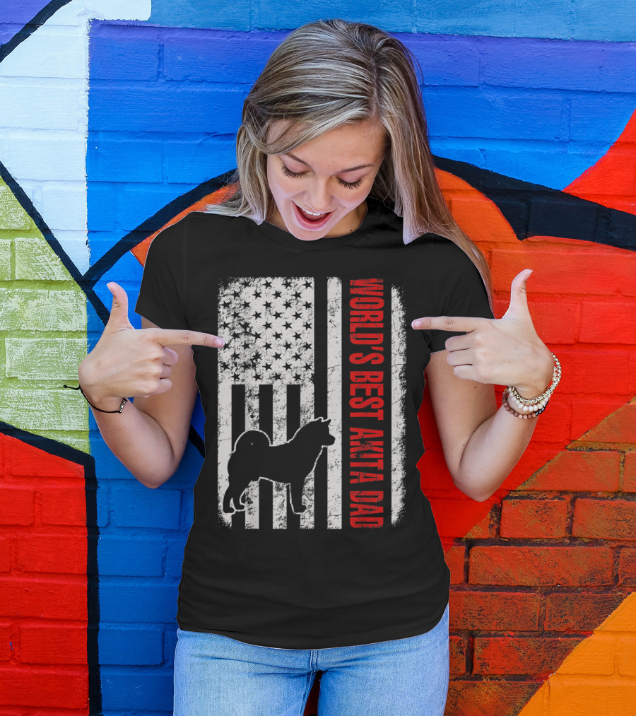 World's Best Akita Dad American Flag Silhouette Stars Stripes T-Shirt