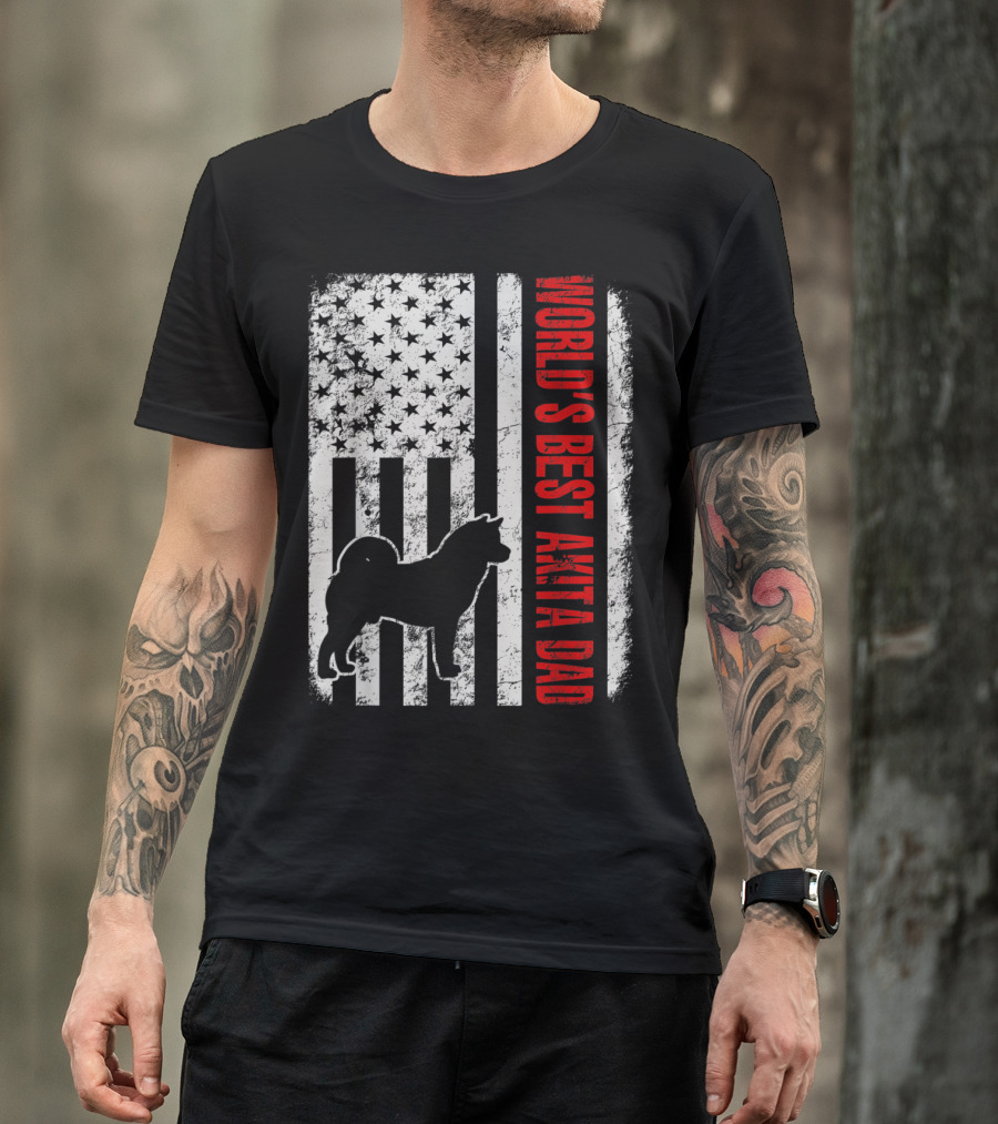 World's Best Akita Dad American Flag Silhouette Stars Stripes T-Shirt