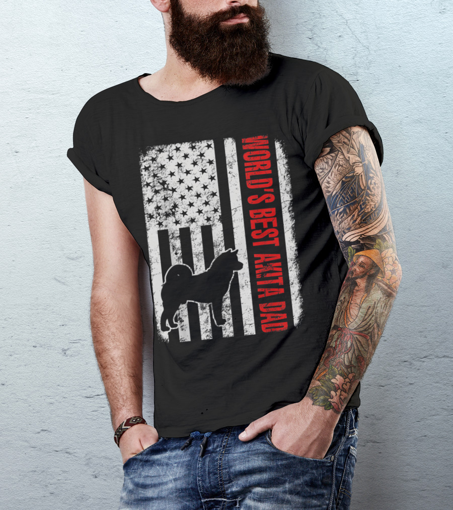 World's Best Akita Dad American Flag Silhouette Stars Stripes T-Shirt
