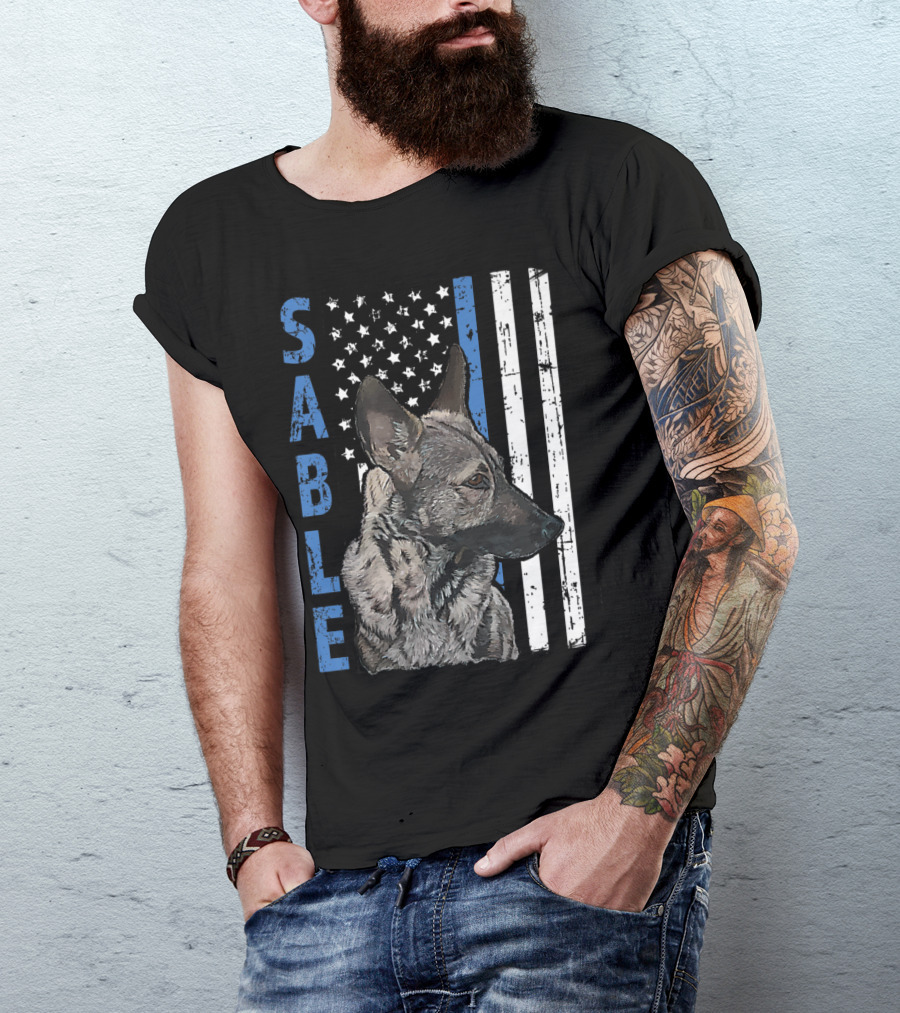 Sable German Shepherd American Flag K9 Thin Blue Line T-Shirt