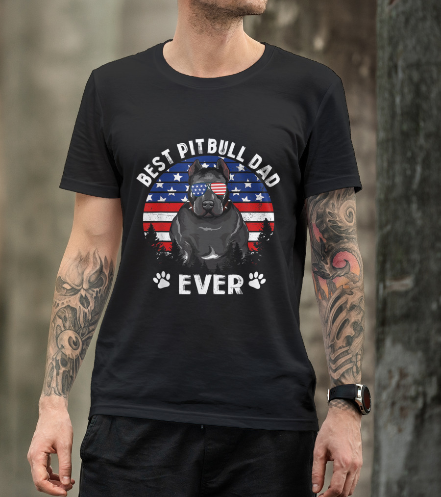 Best Pitbull Dad Ever US Flag Sunglasses Paw Prints T-Shirt