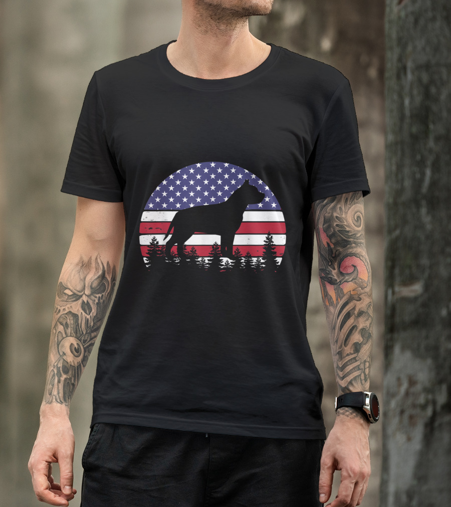 Vintage Pitbull Dog Silhouette With American Flag 4th Of July T-Shirt