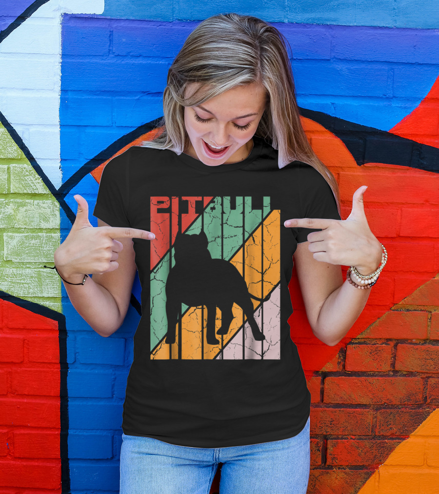 Vintage Pitbull Silhouette Retro Color Stripes T-Shirt