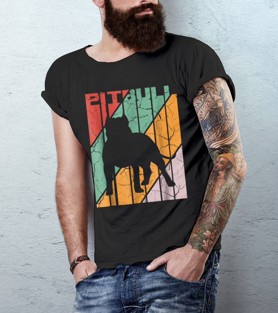Vintage Pitbull Silhouette Retro Color Stripes T-Shirt