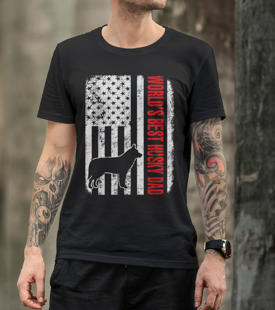 World's Best Husky Dad American Flag T-Shirt