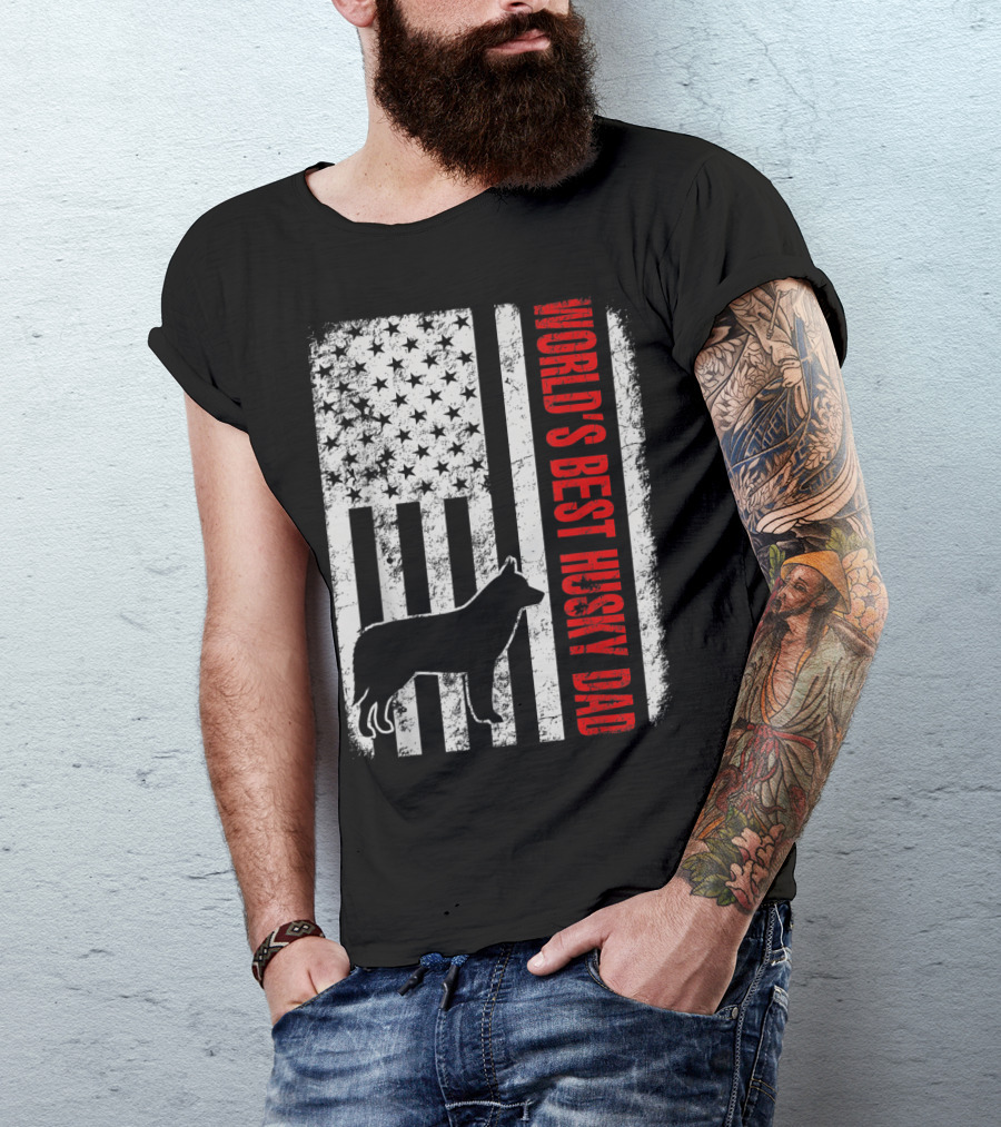 World's Best Husky Dad American Flag T-Shirt