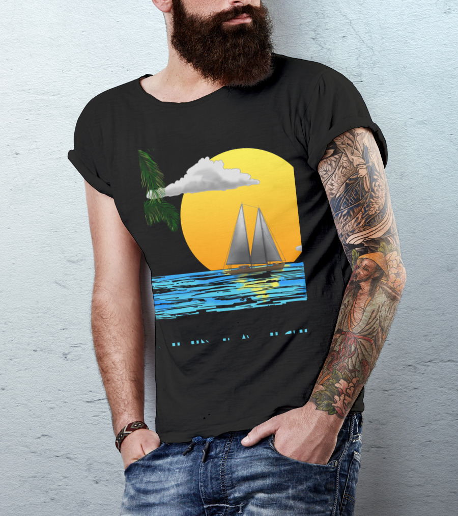 Sailing Catalina Island California Sunset Palm Ocean Scene T-Shirt
