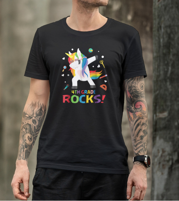 4th Grade Rocks Dabbing Rainbow Unicorn With School Supplies T-Shirt