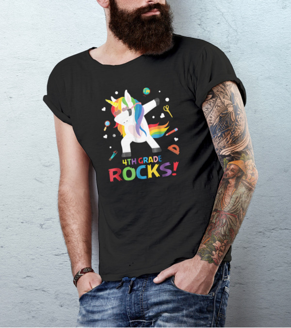 4th Grade Rocks Dabbing Rainbow Unicorn With School Supplies T-Shirt
