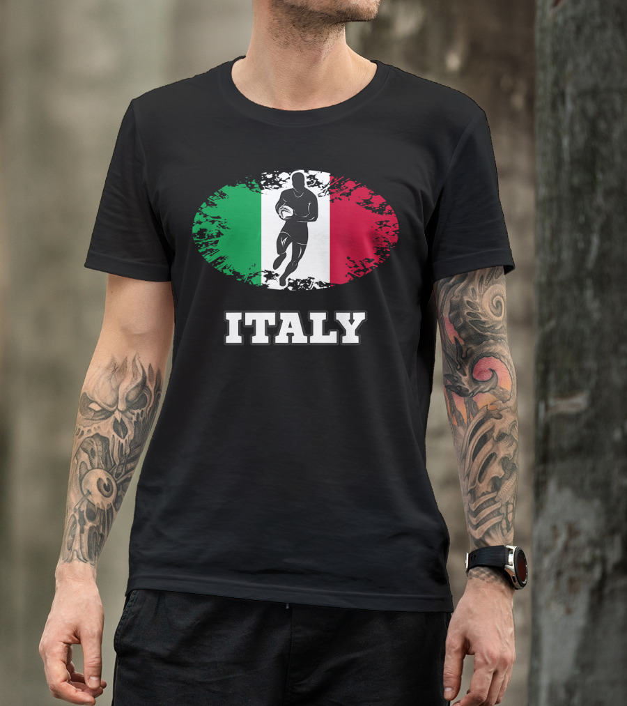 Italy Rugby Passion Icon With Tricolor Flag And Player Graphics T-Shirt