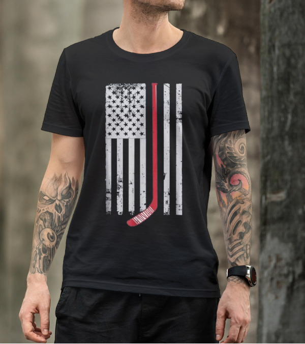 Red Hockey Stick American Flag Hockey Patriotic T-Shirt