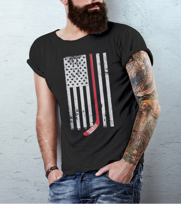 Red Hockey Stick American Flag Hockey Patriotic T-Shirt