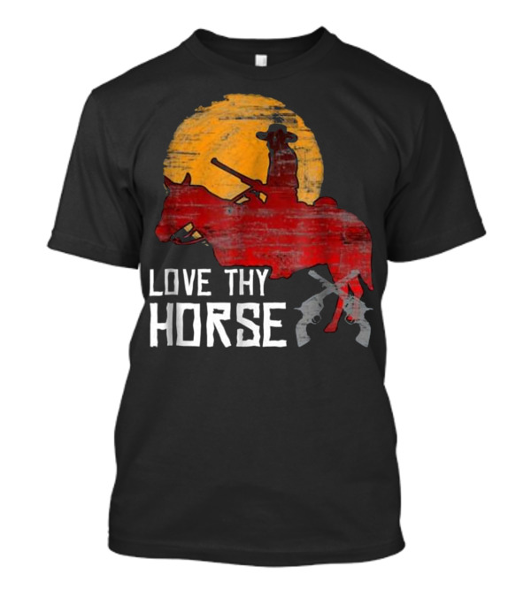 LOVE THY HORSE Red Rider Against Sunset With Crossed Guns T-Shirt