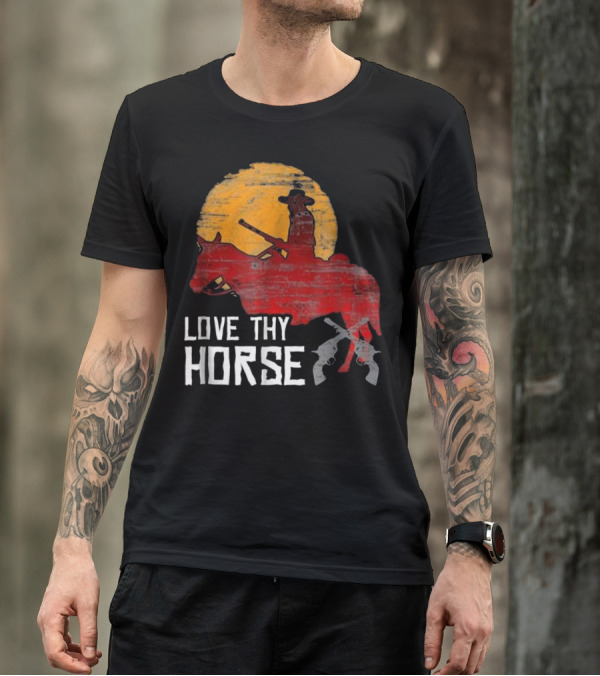 LOVE THY HORSE Red Rider Against Sunset With Crossed Guns T-Shirt